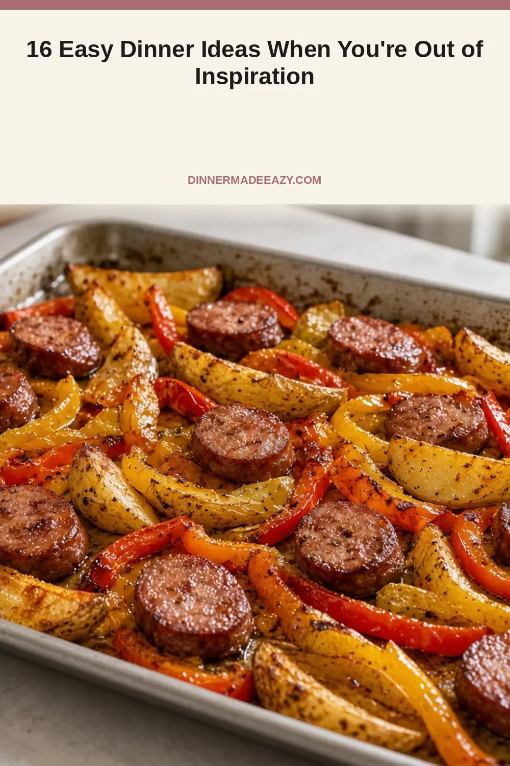 Vertical photo of sheet-pan sausage dinner