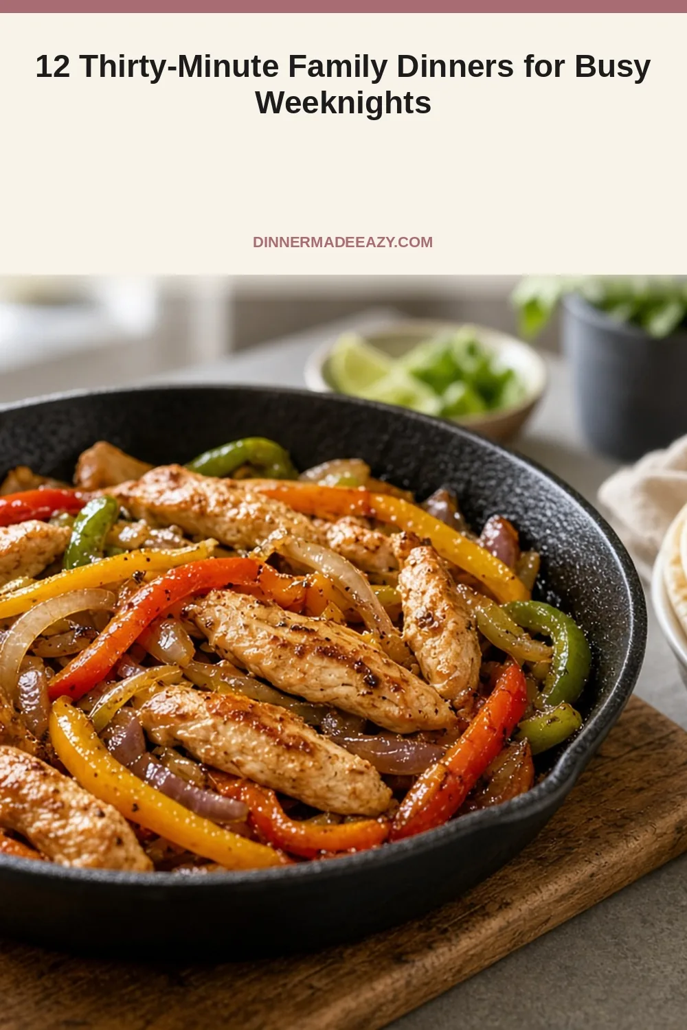 Vertical photo of skillet chicken fajita dinner