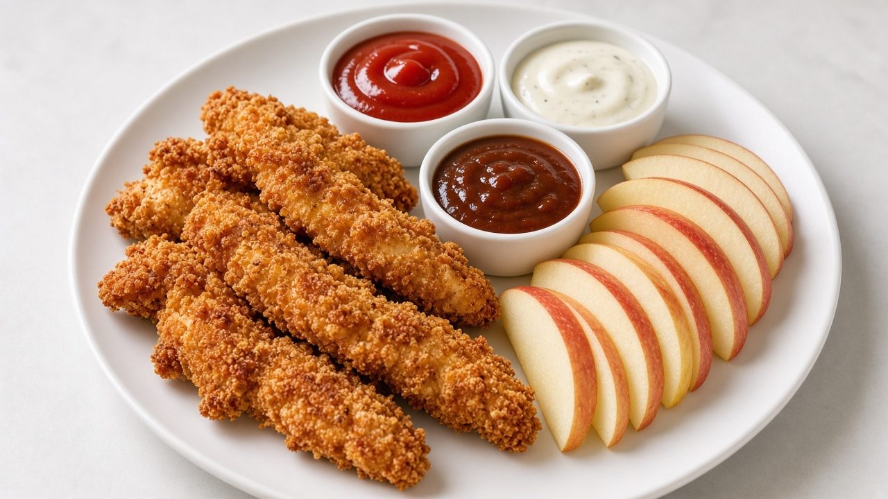 Baked chicken strips with dipping sauces and fruit for a kids dinner