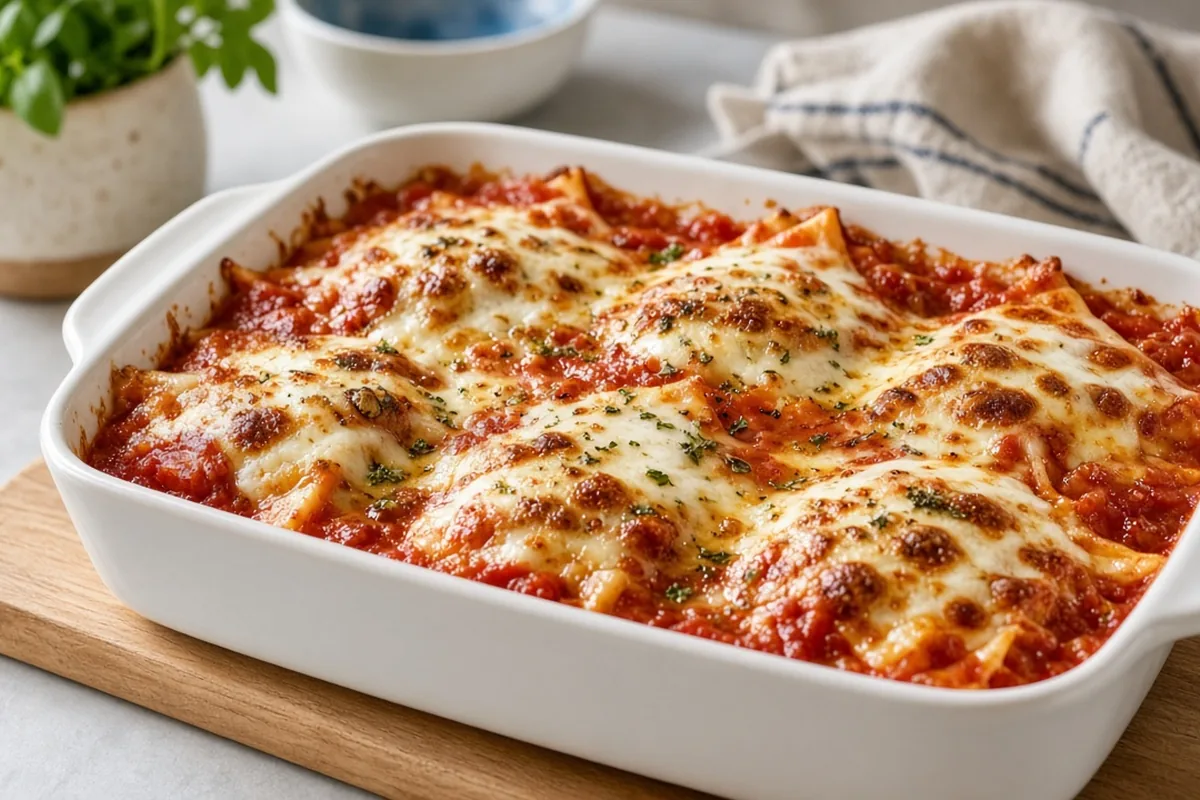 Baked manicotti with marinara and cheese