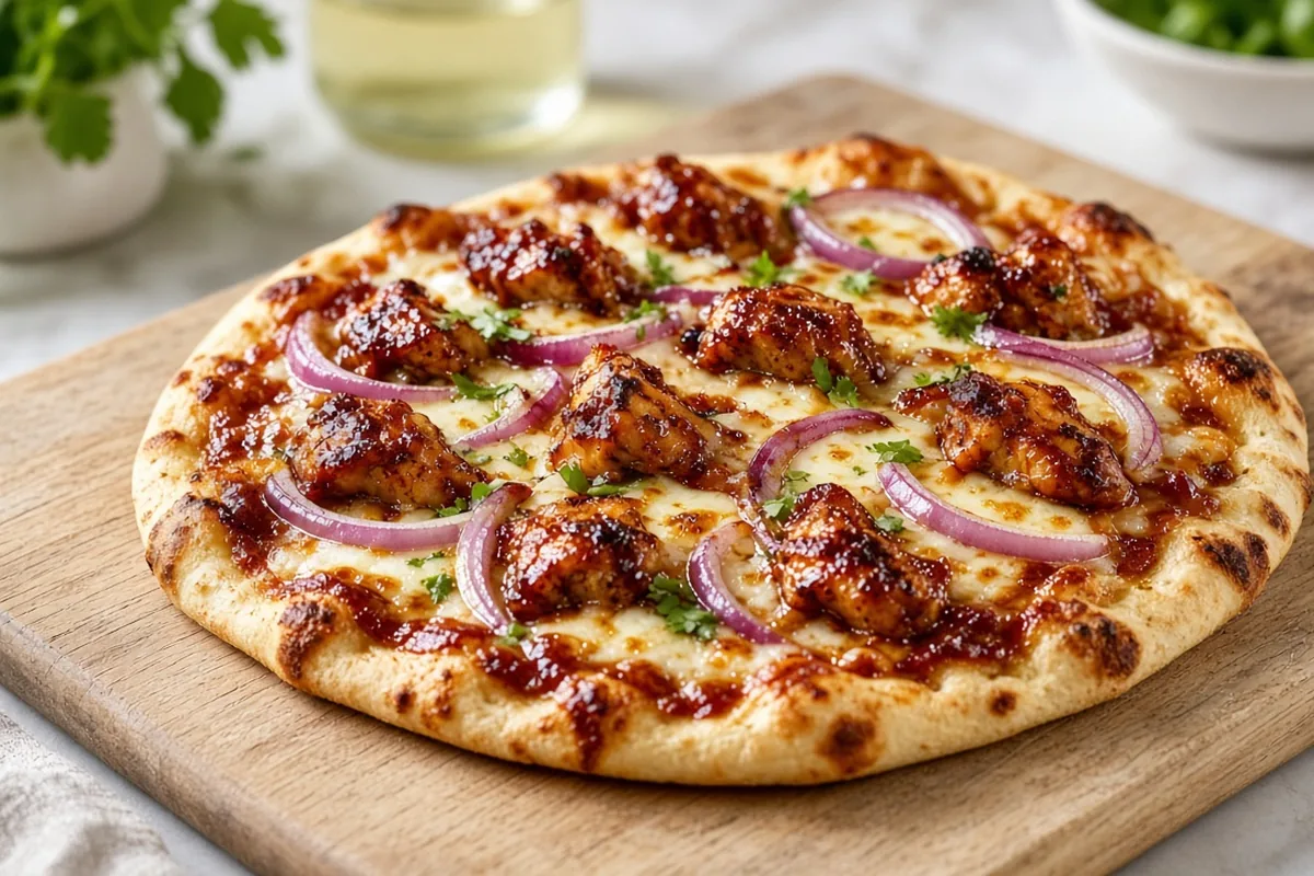 BBQ chicken naan pizzas on a sheet pan