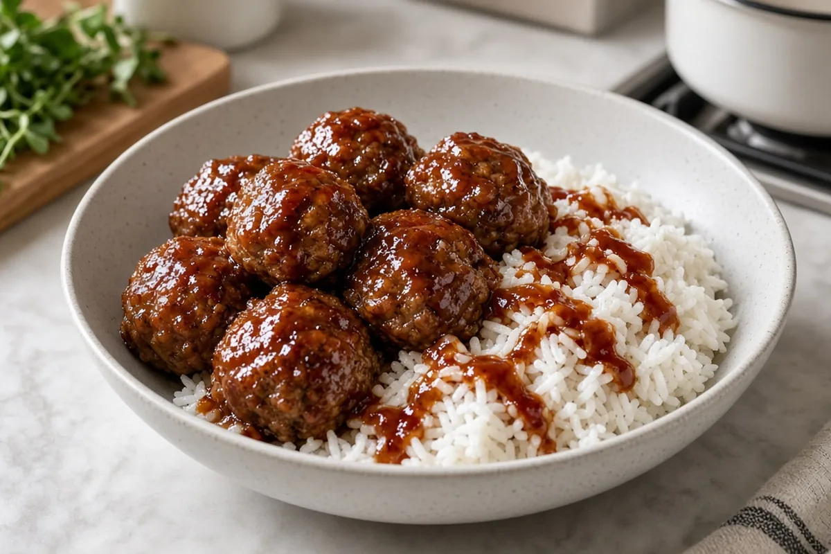 BBQ meatballs over rice with corn and cheese