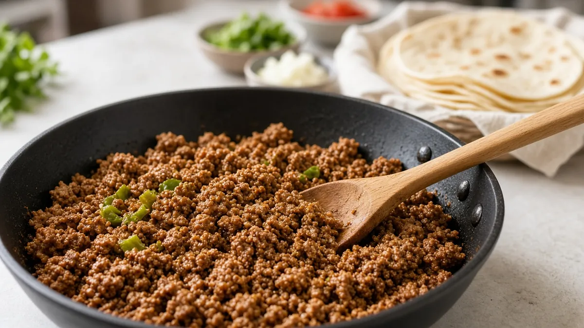 Skillet of seasoned ground beef taco meat with tortillas