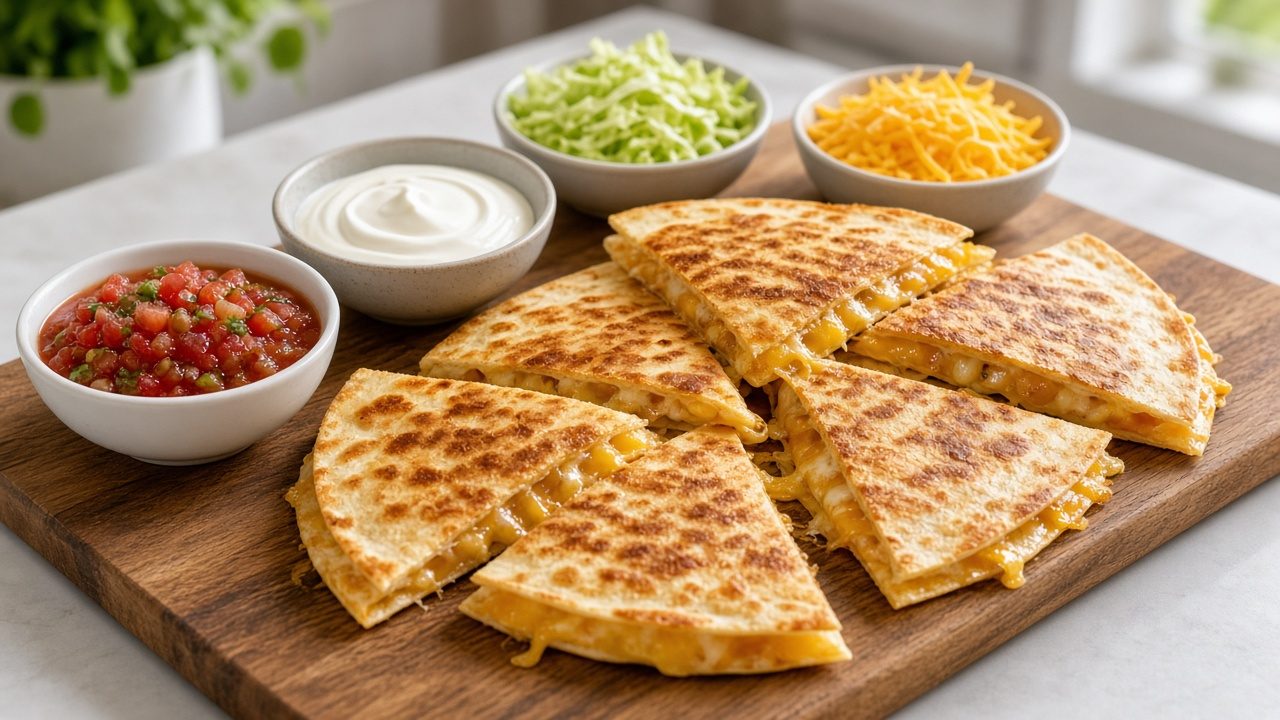 Cheese quesadillas with salsa, sour cream, and lettuce toppings for kids