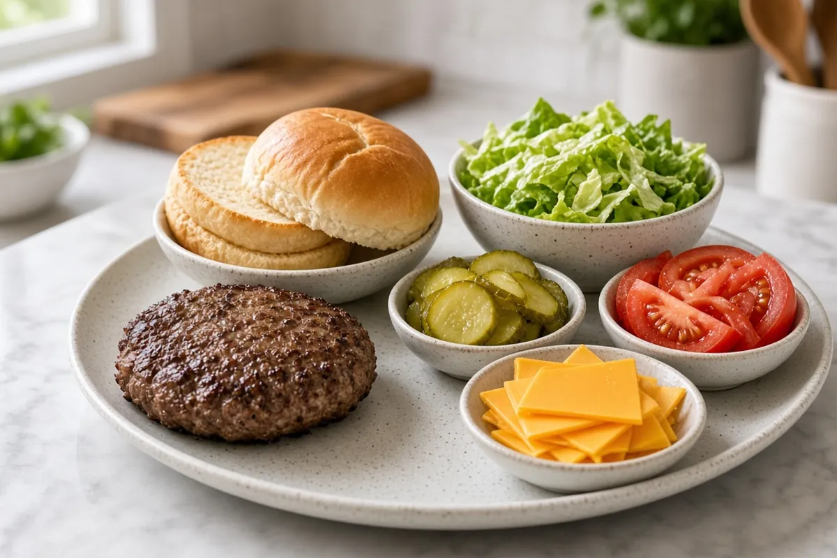 Turkey burger with toppings bar and oven fries