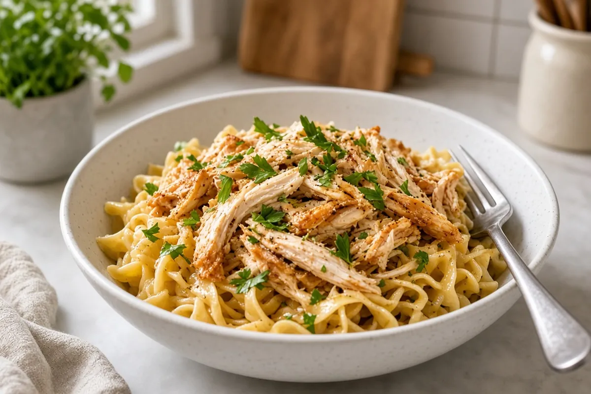 Buttery noodles with shredded rotisserie chicken in bowl