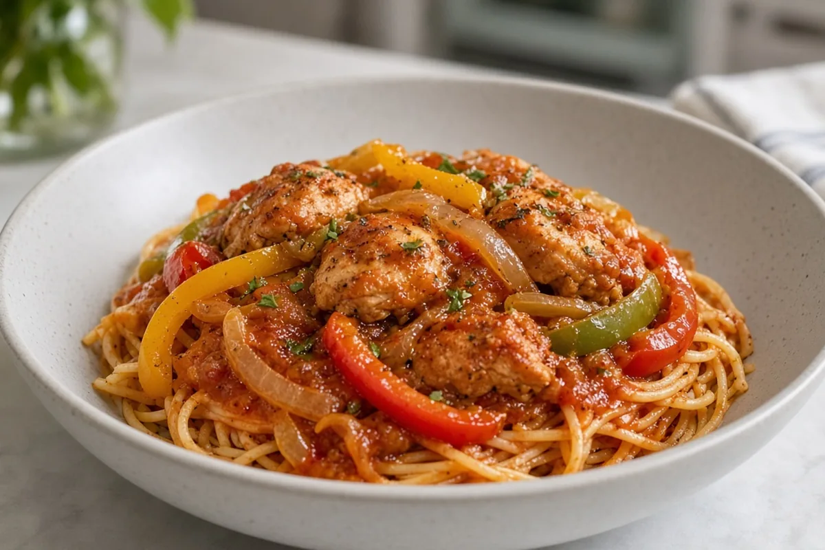 Chicken cacciatore with peppers over pasta