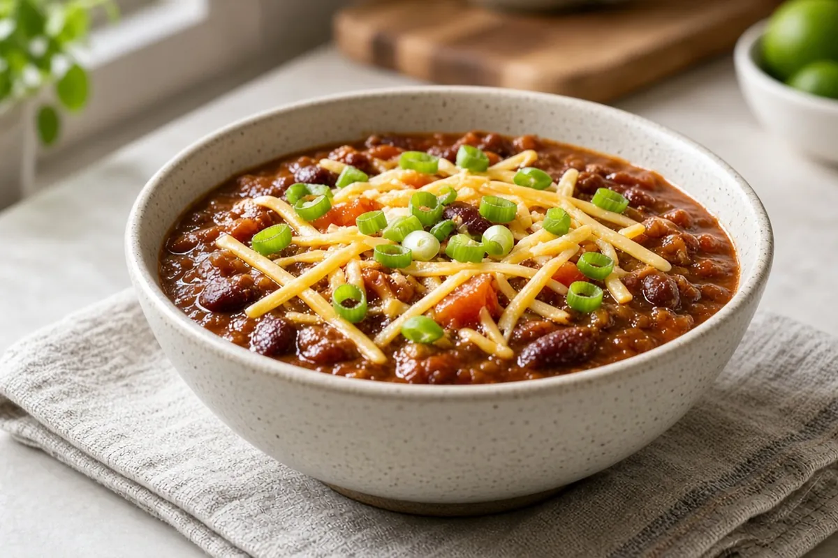 Bowl of mild chili with cheese and crackers