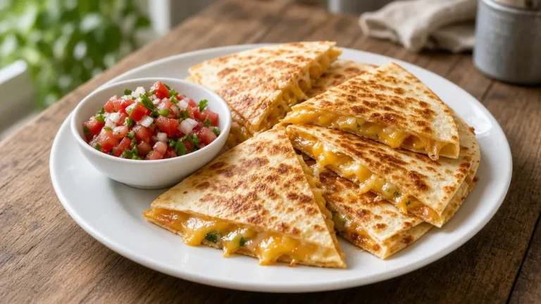 Stack of golden cheese quesadillas with salsa on the side