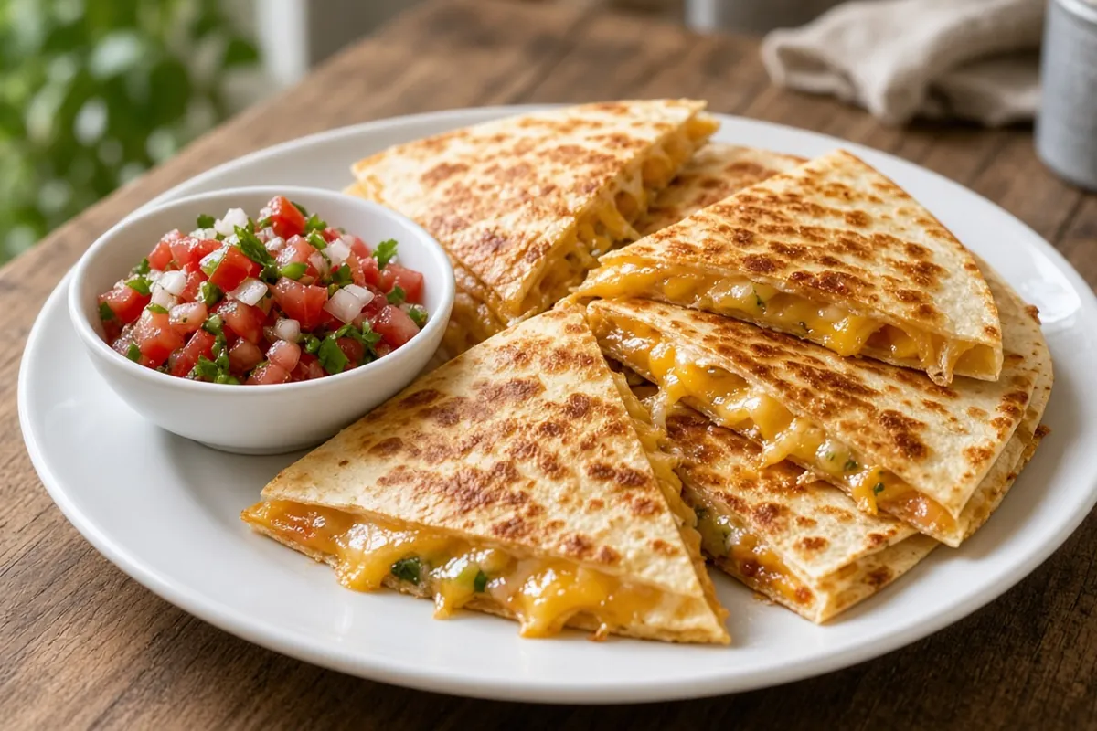 Cheese quesadilla wedges stacked on a plate with dips
