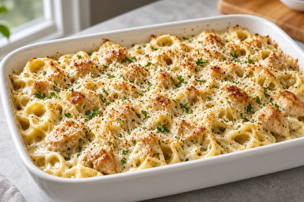 Chicken Alfredo tortellini bake