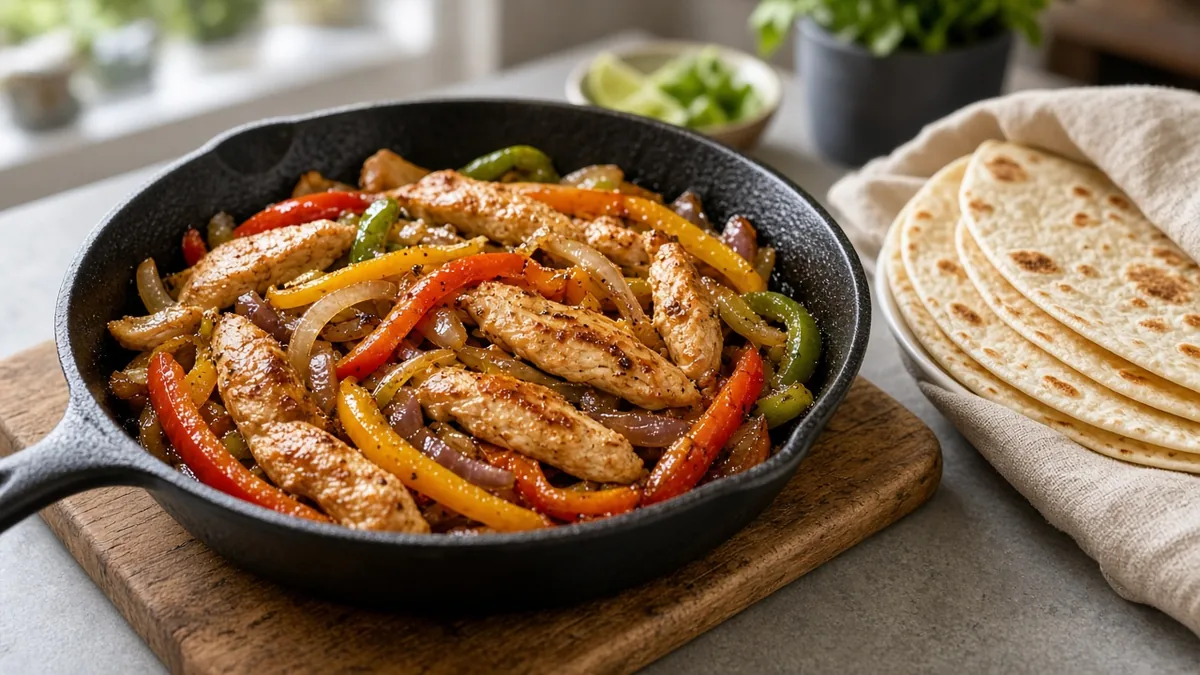 Skillet chicken fajitas with peppers and tortillas