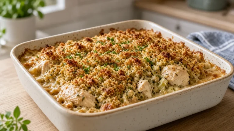 Chicken and stuffing casserole in a baking dish