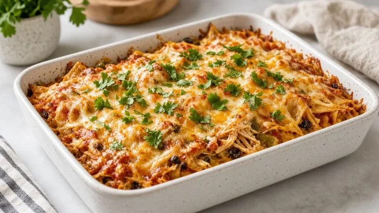 Chicken tortilla casserole with melted cheese