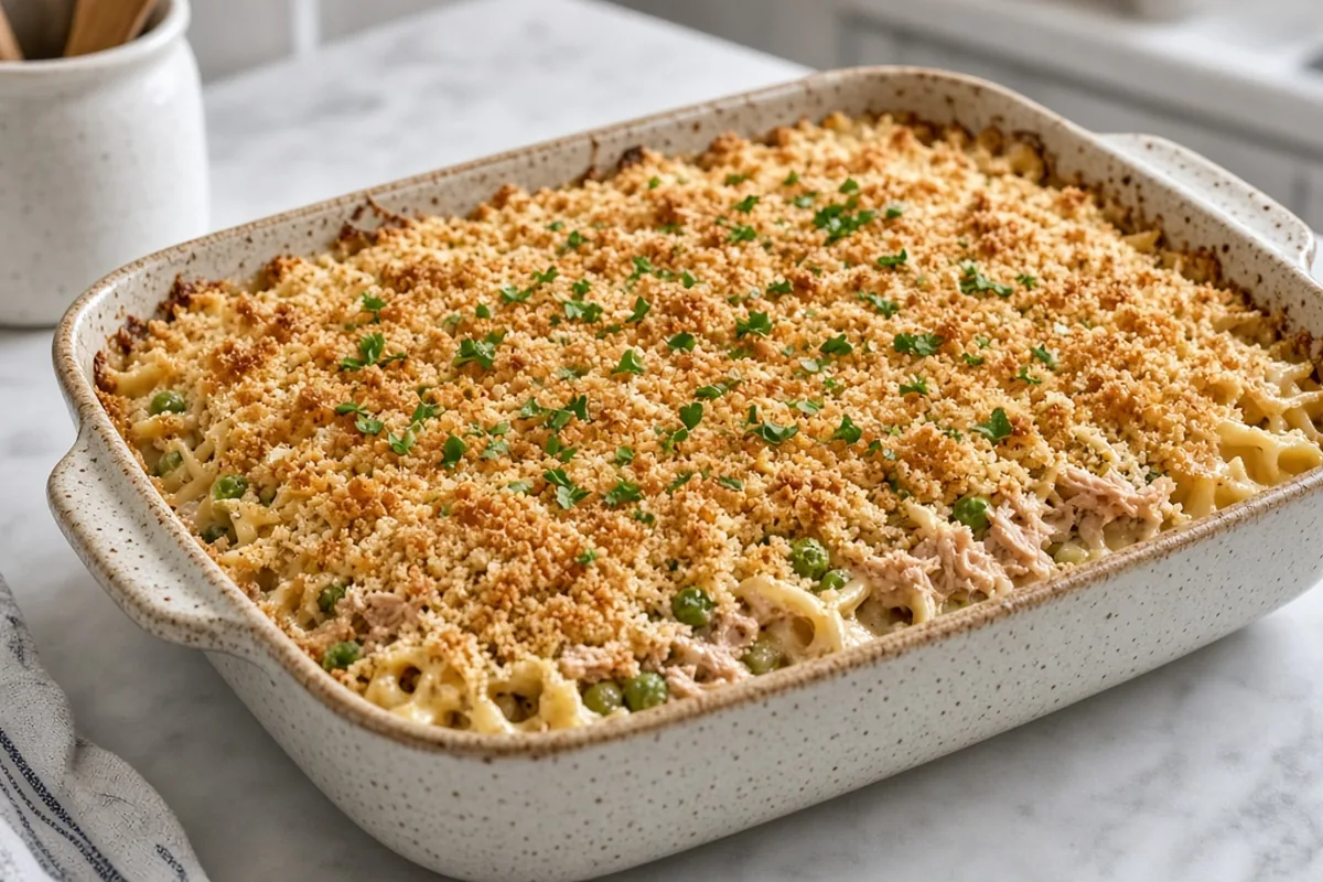 Served tuna noodle casserole with crunchy topping