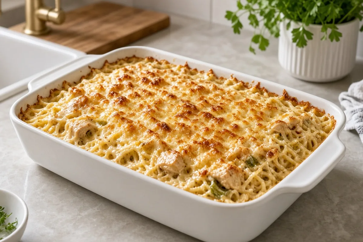 Chicken spaghetti bake serving
