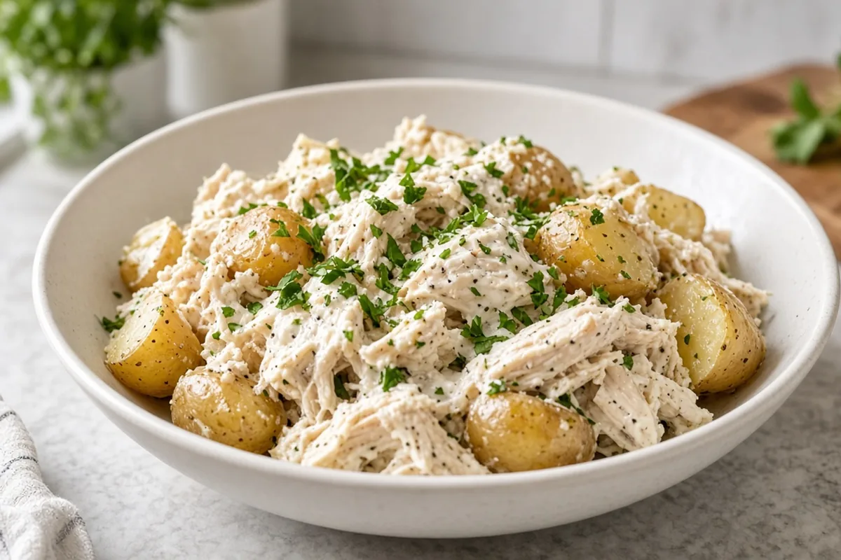 Creamy ranch shredded chicken over a baked potato