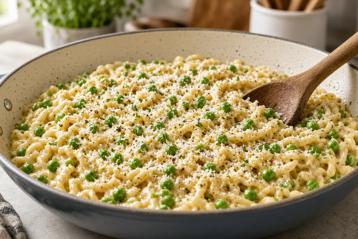 Creamy skillet pasta with peas in a deep pan