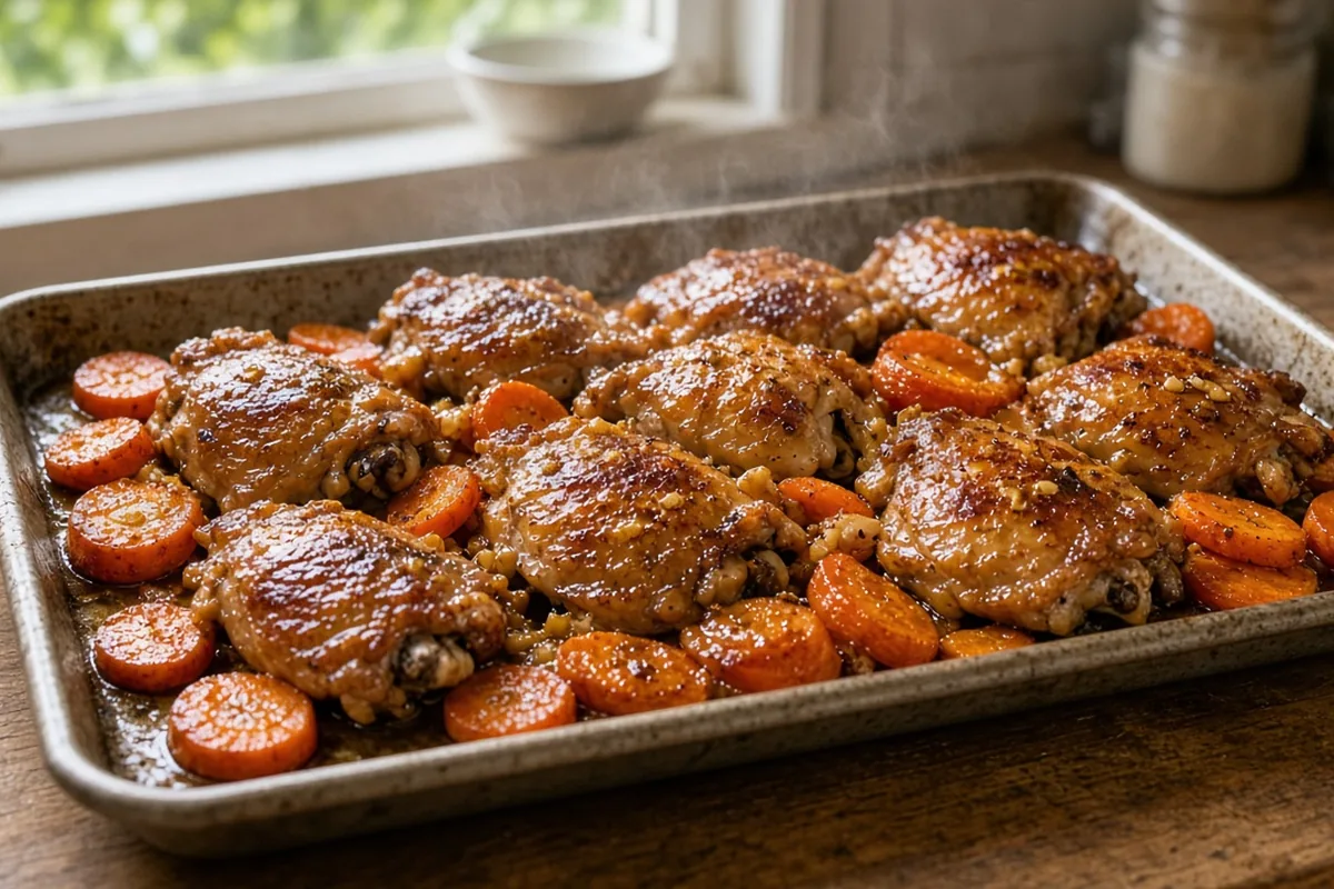 Honey-garlic chicken thighs over rice with broccoli