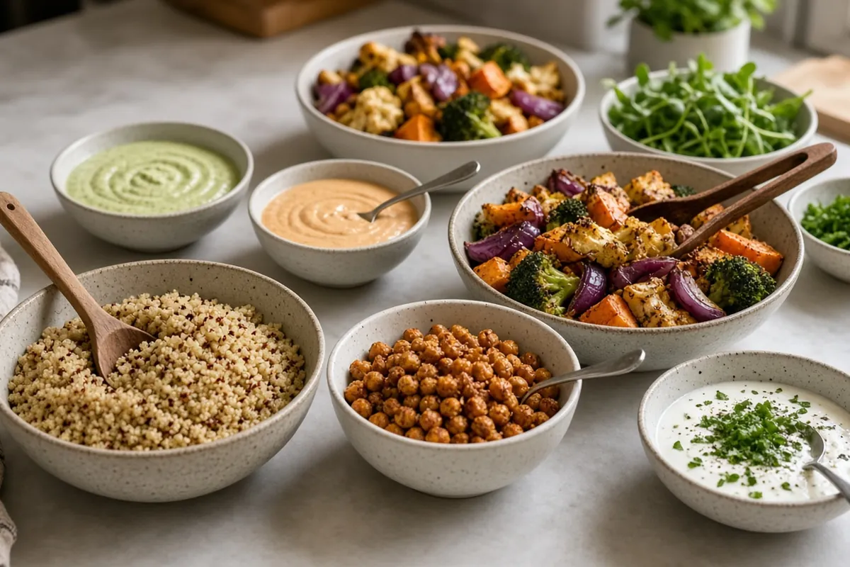 Grain bowl with chicken vegetables and dressing on the side