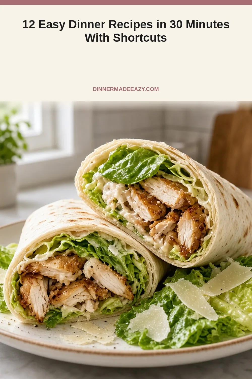 Vertical photo of chicken Caesar wrap dinner