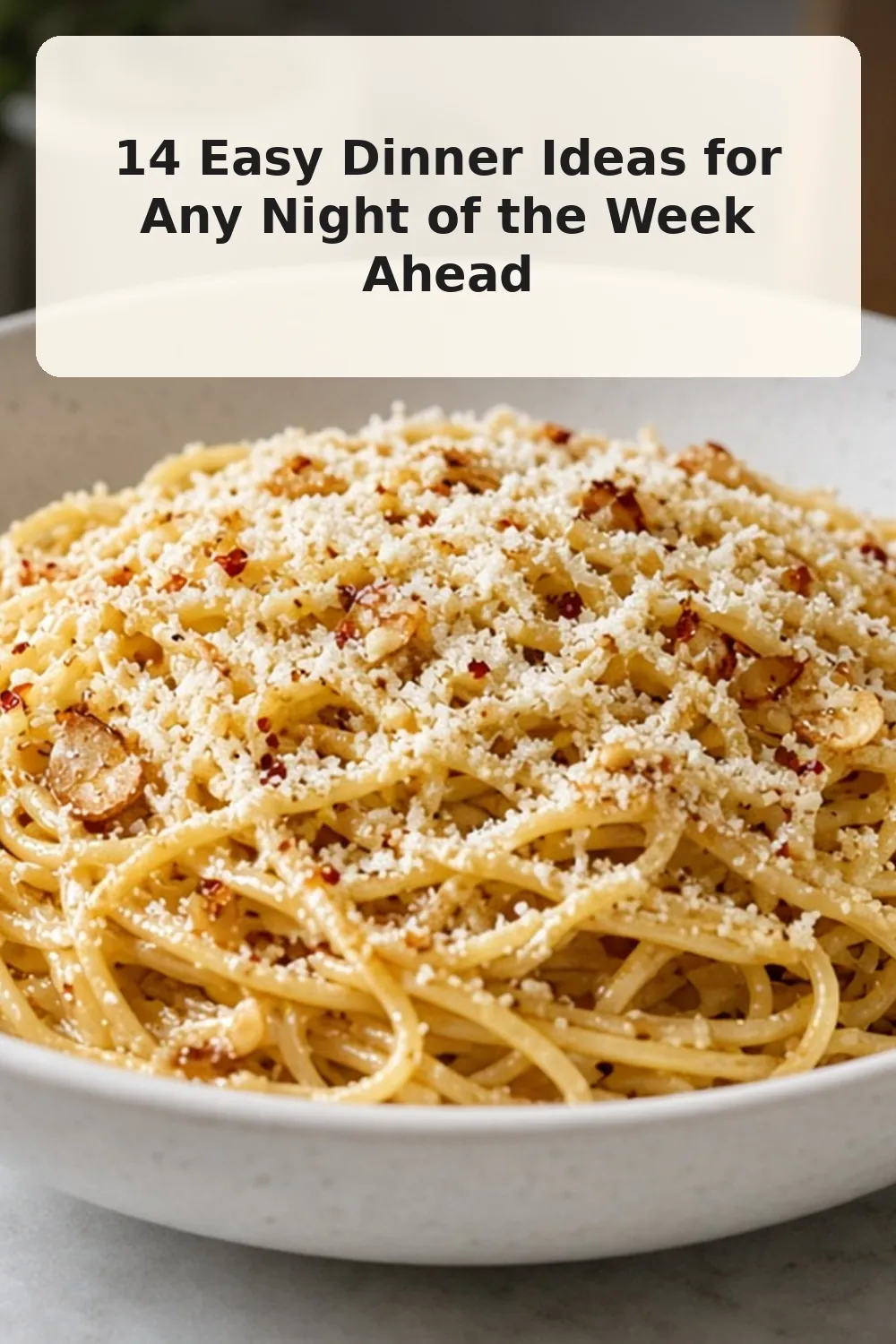 Vertical photo of garlic Parmesan pasta dinner bowl