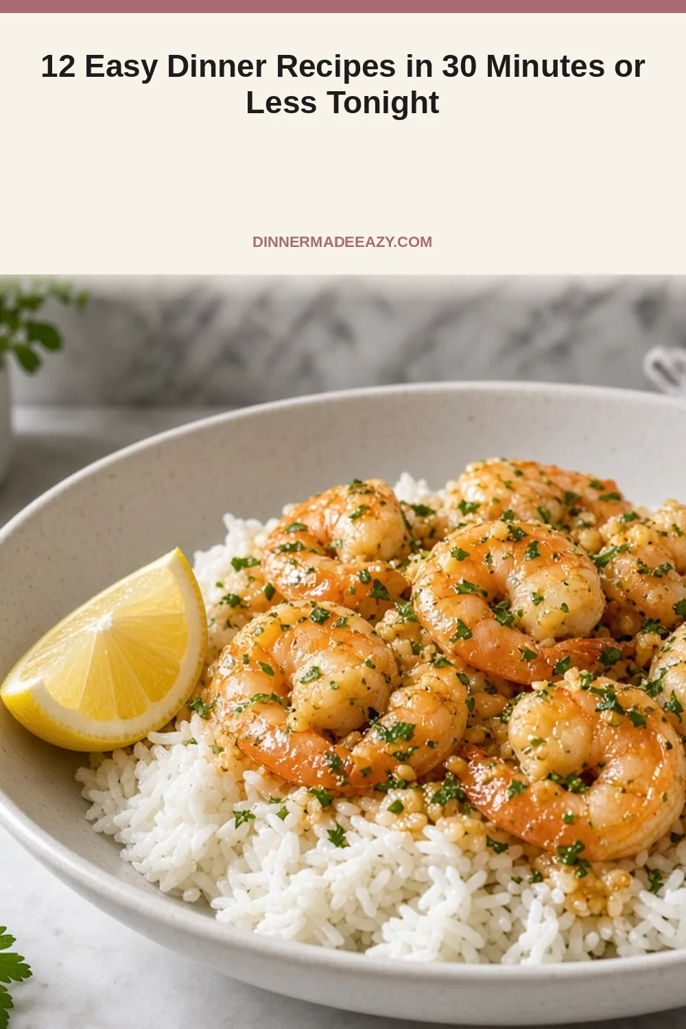 Vertical photo of garlic butter shrimp dinner