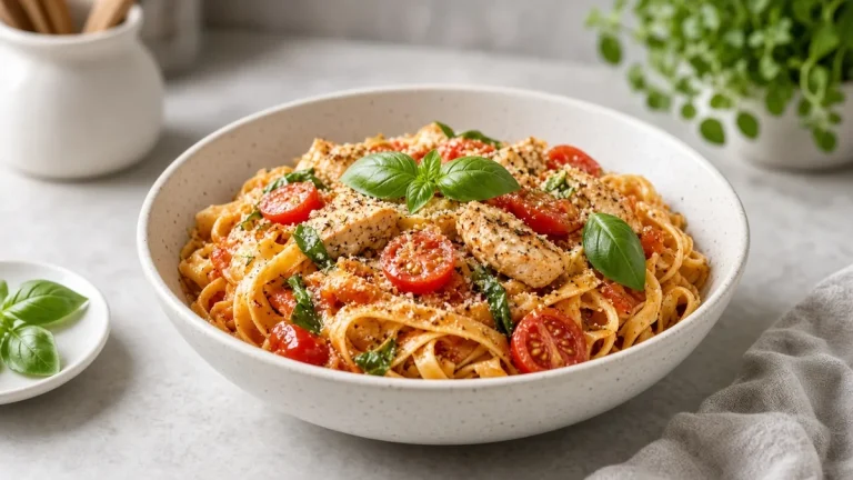 Bowl of tomato-basil chicken pasta with Parmesan