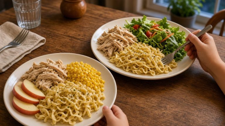 Kid-friendly school night dinner plate with chicken noodles, corn, and apple slices