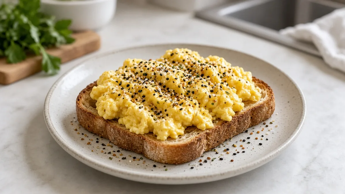 Everything bagel scrambled eggs with toast