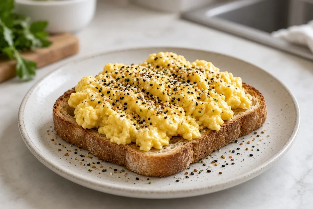 Plate of bagel-seasoned eggs and toast
