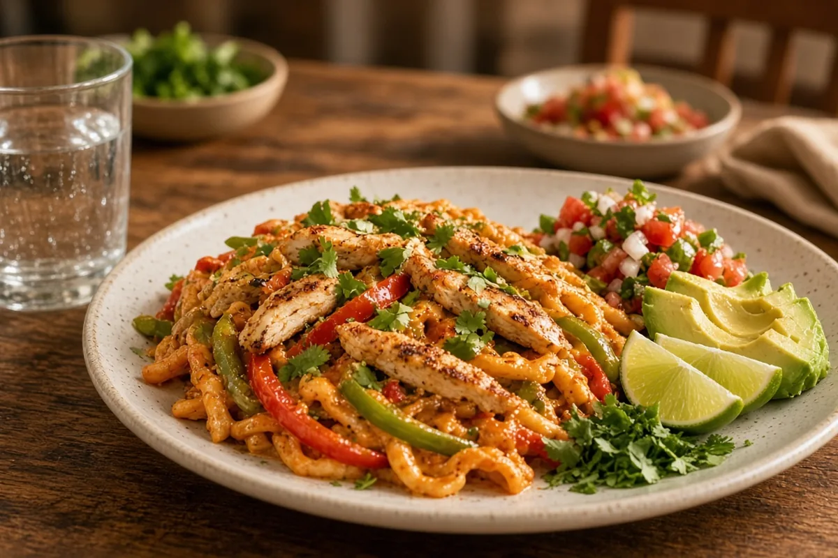 Fajita pasta served with lime