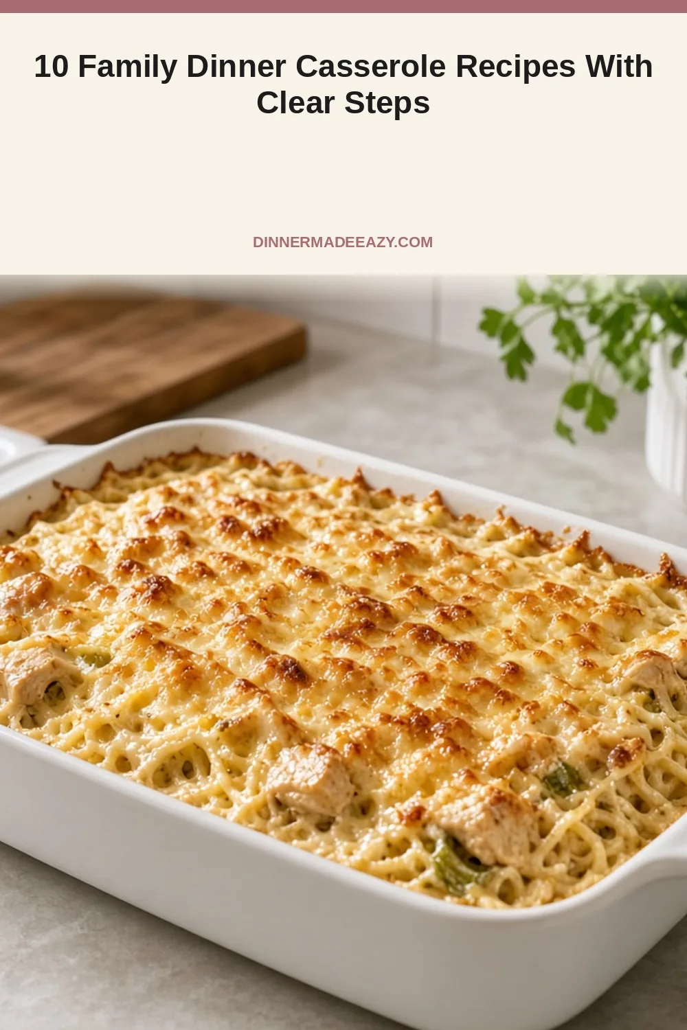 Vertical photo of chicken spaghetti casserole