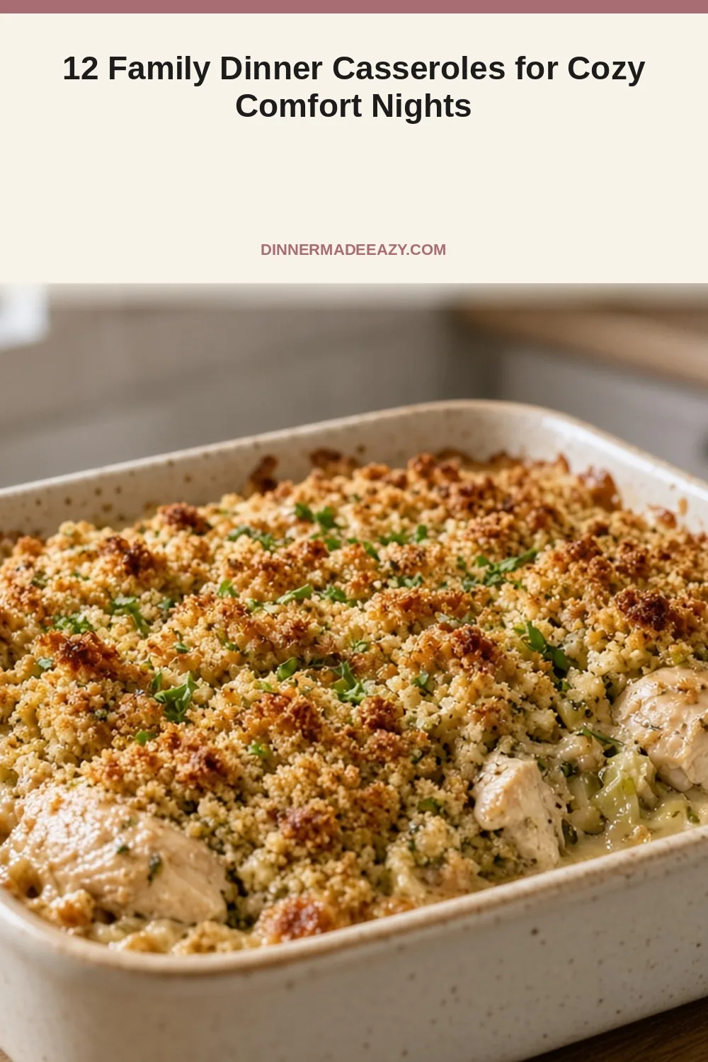 Vertical photo of chicken stuffing casserole
