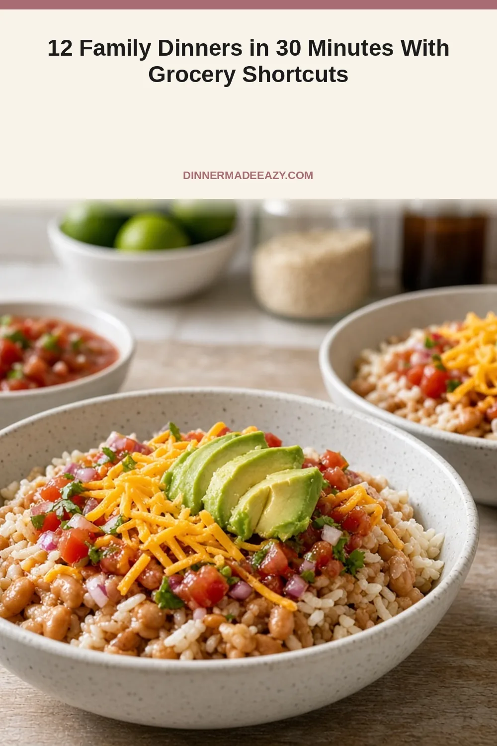 Vertical photo of rotisserie chicken burrito bowl
