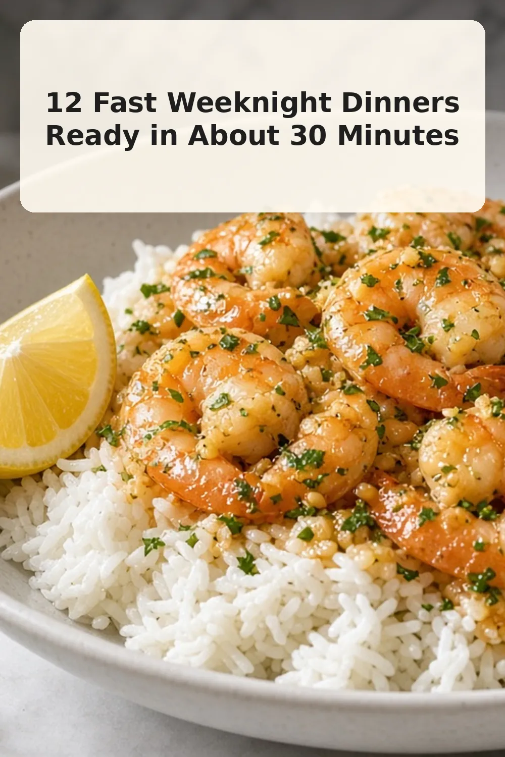 Vertical photo of garlic butter shrimp dinner
