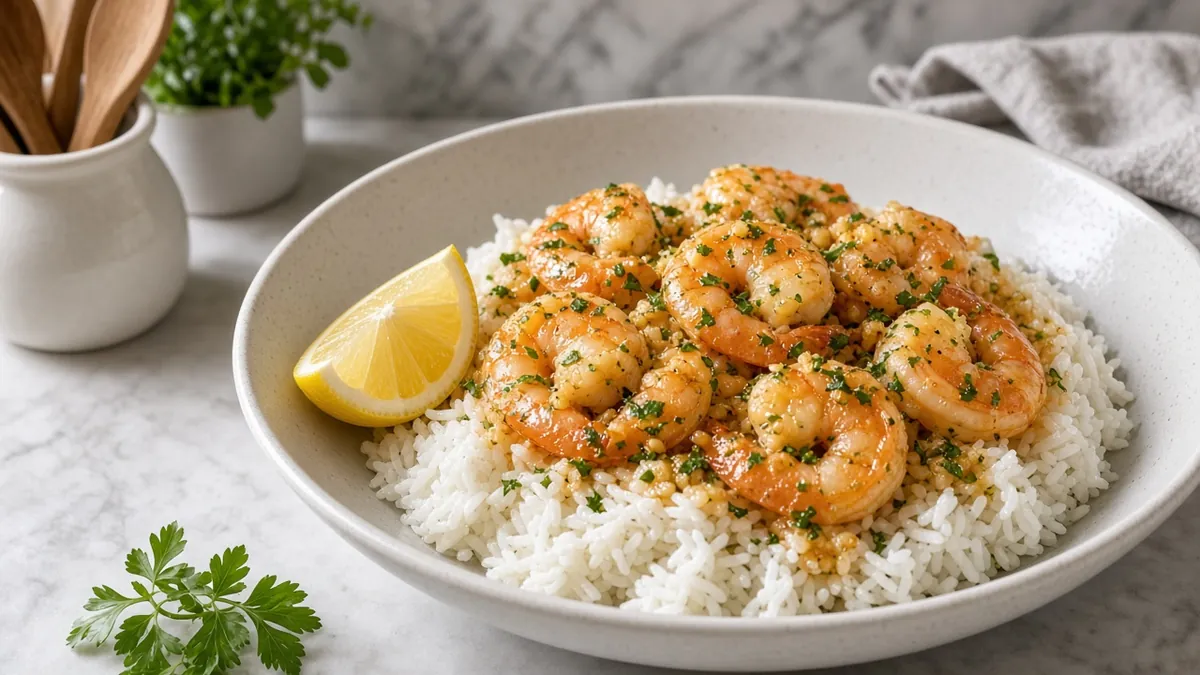 Garlic butter shrimp over rice with broccoli