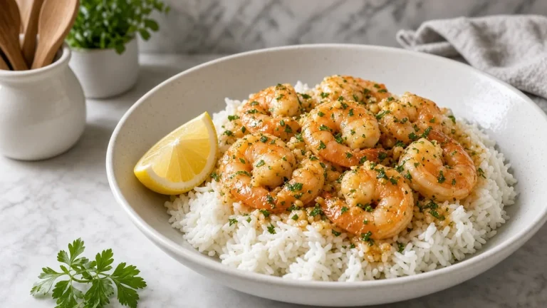 Garlic butter shrimp over rice with broccoli