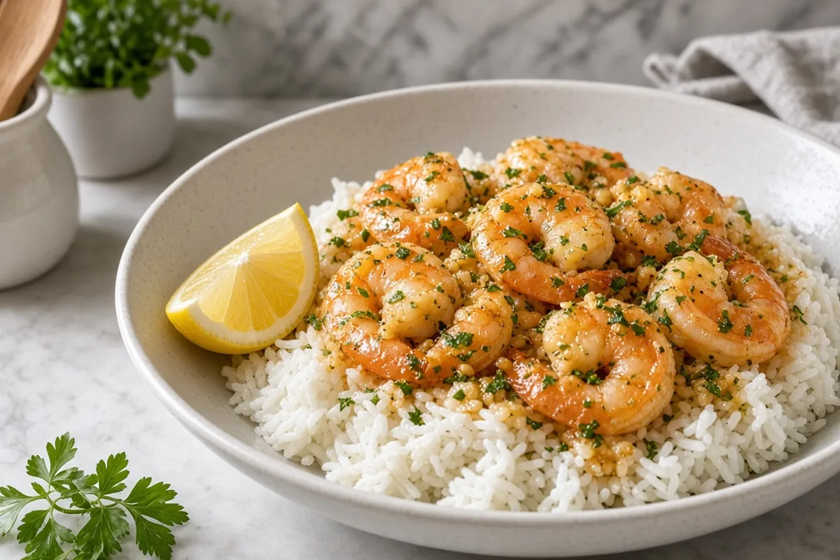 Skillet garlic butter shrimp ready to serve