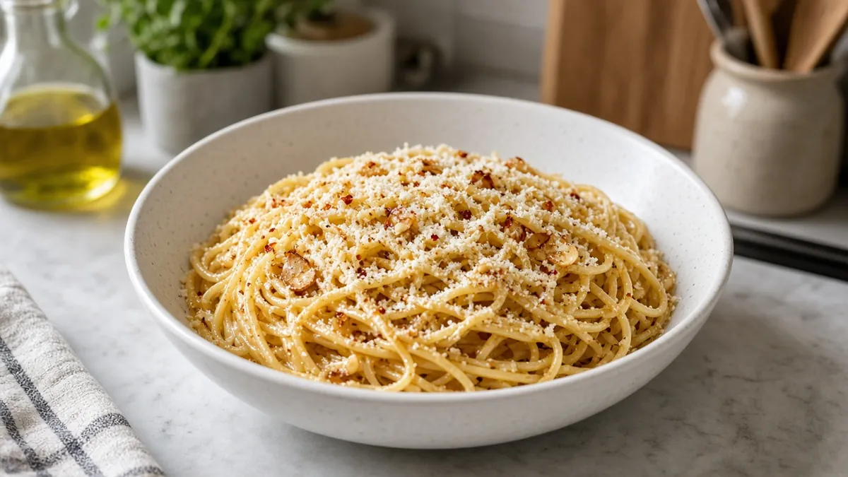 Bowl of garlic Parmesan pasta with peas on a kitchen table