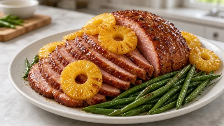 Brown-sugar glazed ham on a platter