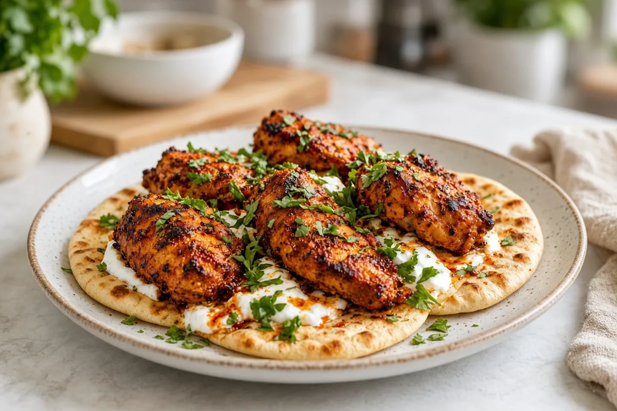 Harissa yogurt chicken on flatbreads