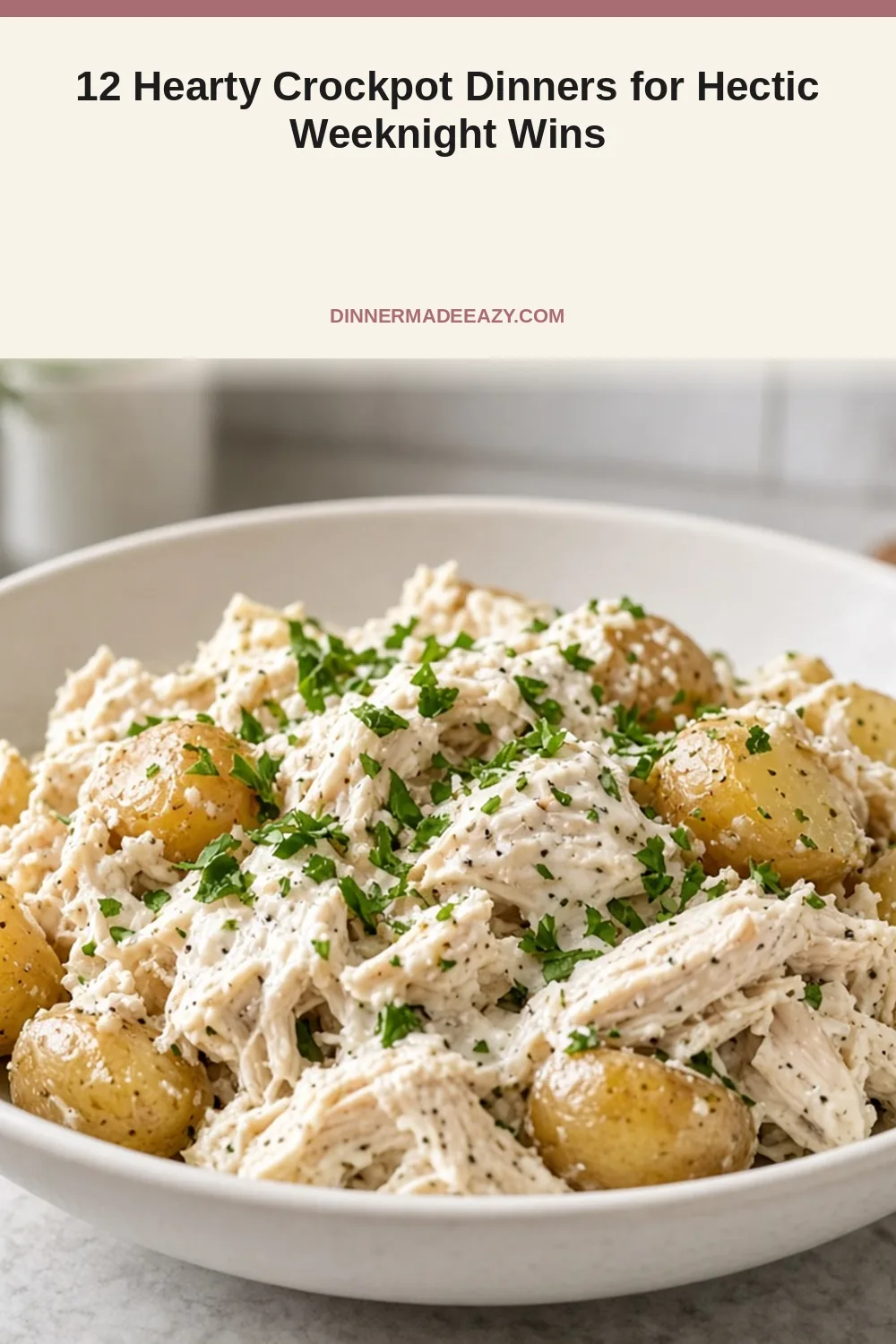 Vertical photo of creamy ranch chicken crockpot dinner