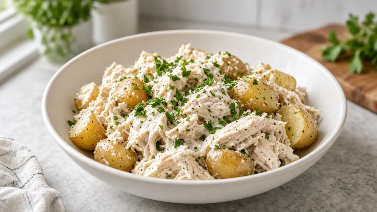 Creamy ranch chicken with potatoes in a slow cooker bowl