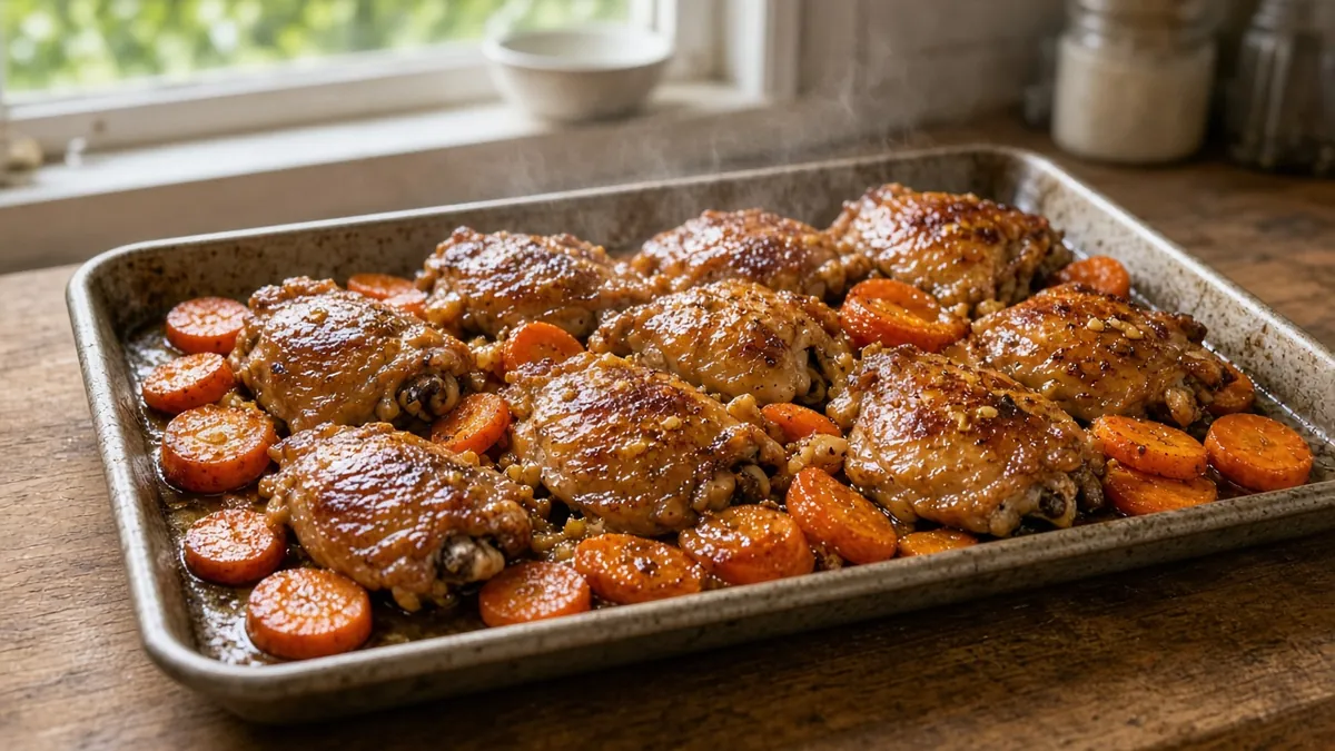 Honey garlic chicken with soft roasted carrots on sheet pan