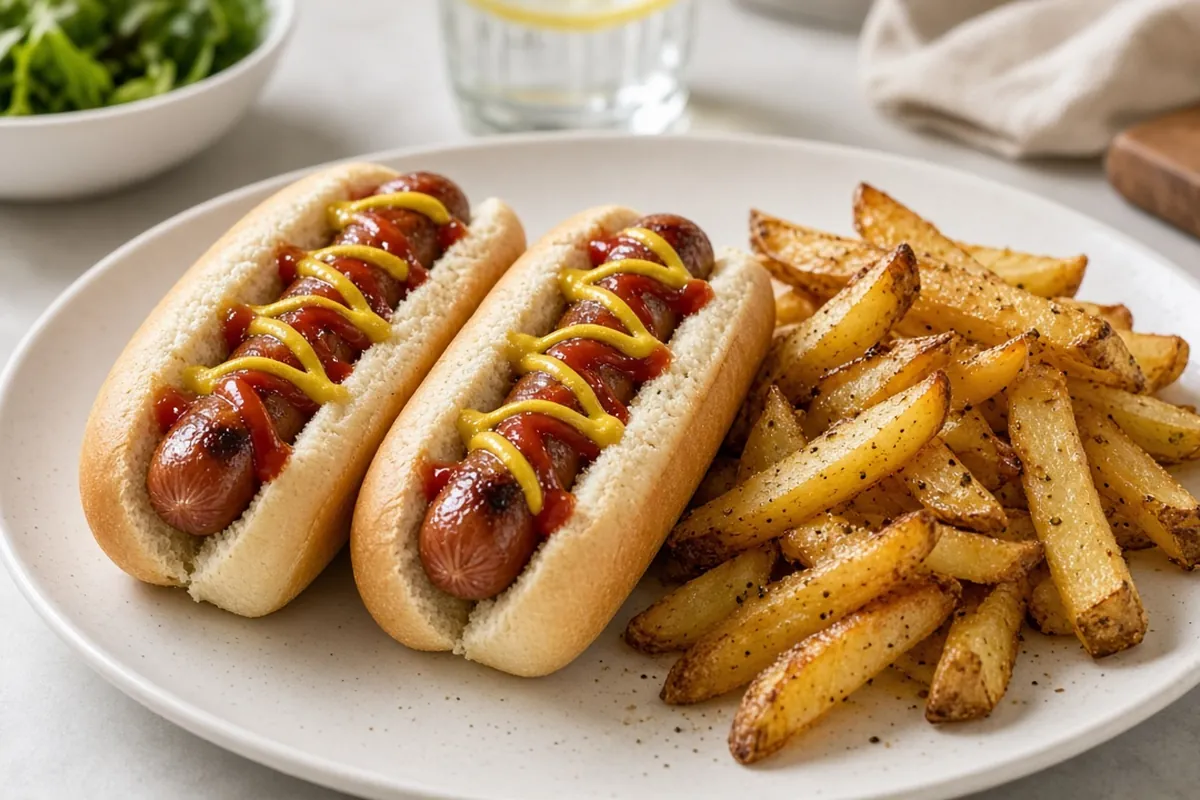 Hot dogs on buns with carrots and apple slices