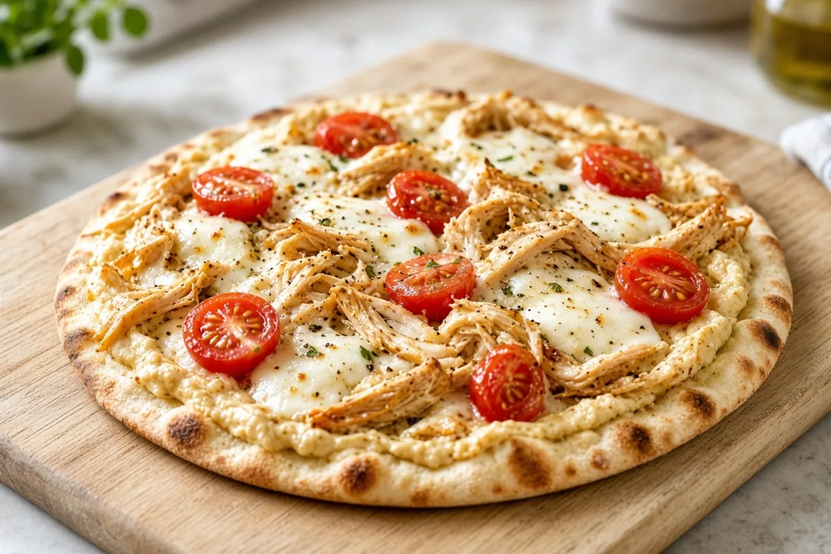 Hummus chicken flatbread pizza with tomatoes