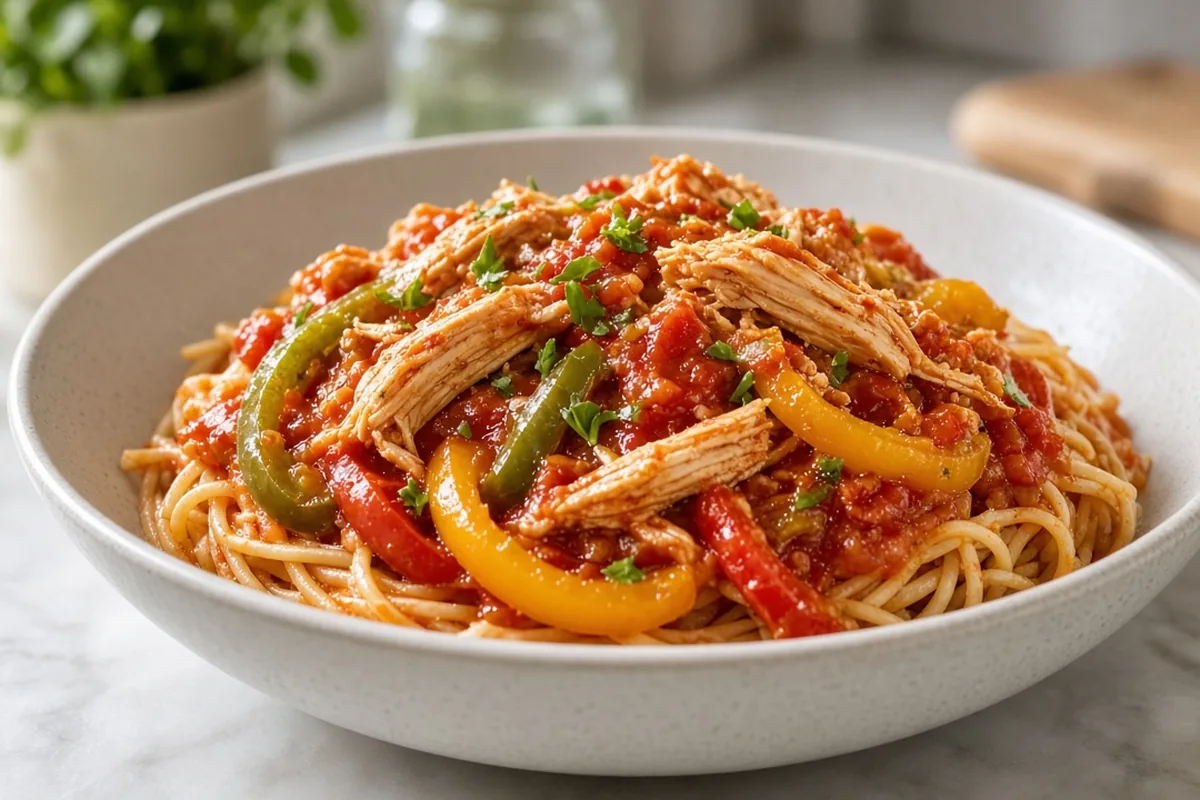 Italian chicken with peppers over pasta