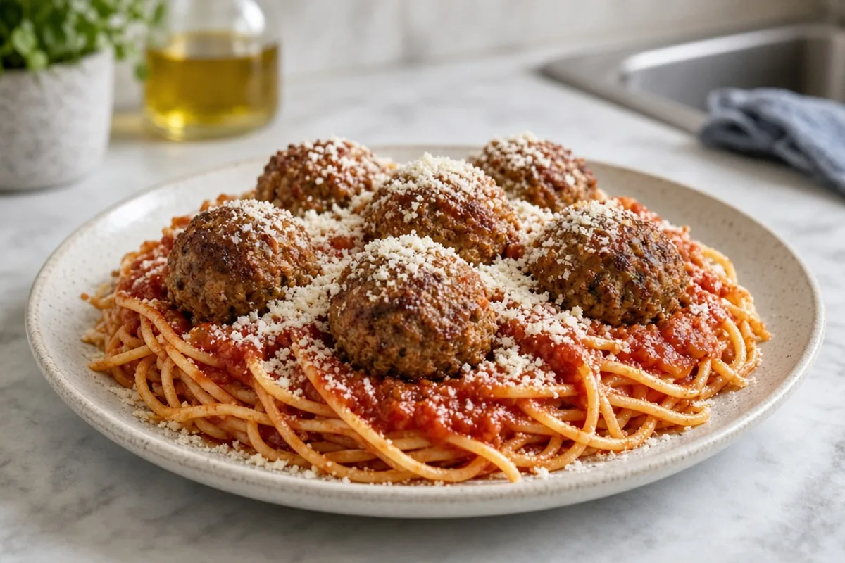 Pasta with meatballs and jarred sauce
