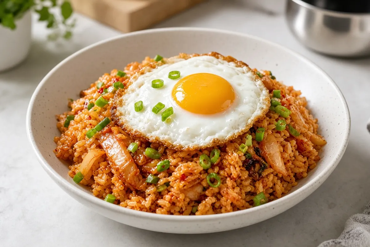 Kimchi fried rice with scrambled egg in a bowl